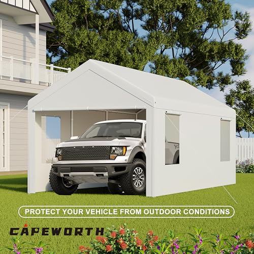 CAPEWORTH Carport,10x20 Heavy Duty Carports, Canopy, Garage, Metal Shed, with 4 Roll-up Ventilated Windows, Outdoor, Storage, Car, Boat,10x20 White