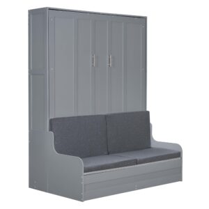 Merax Queen Size Murphy Bed, Wooden Queen Murphy Bed Wall Bed with Cushion, for Home Office or Small Room, Gray