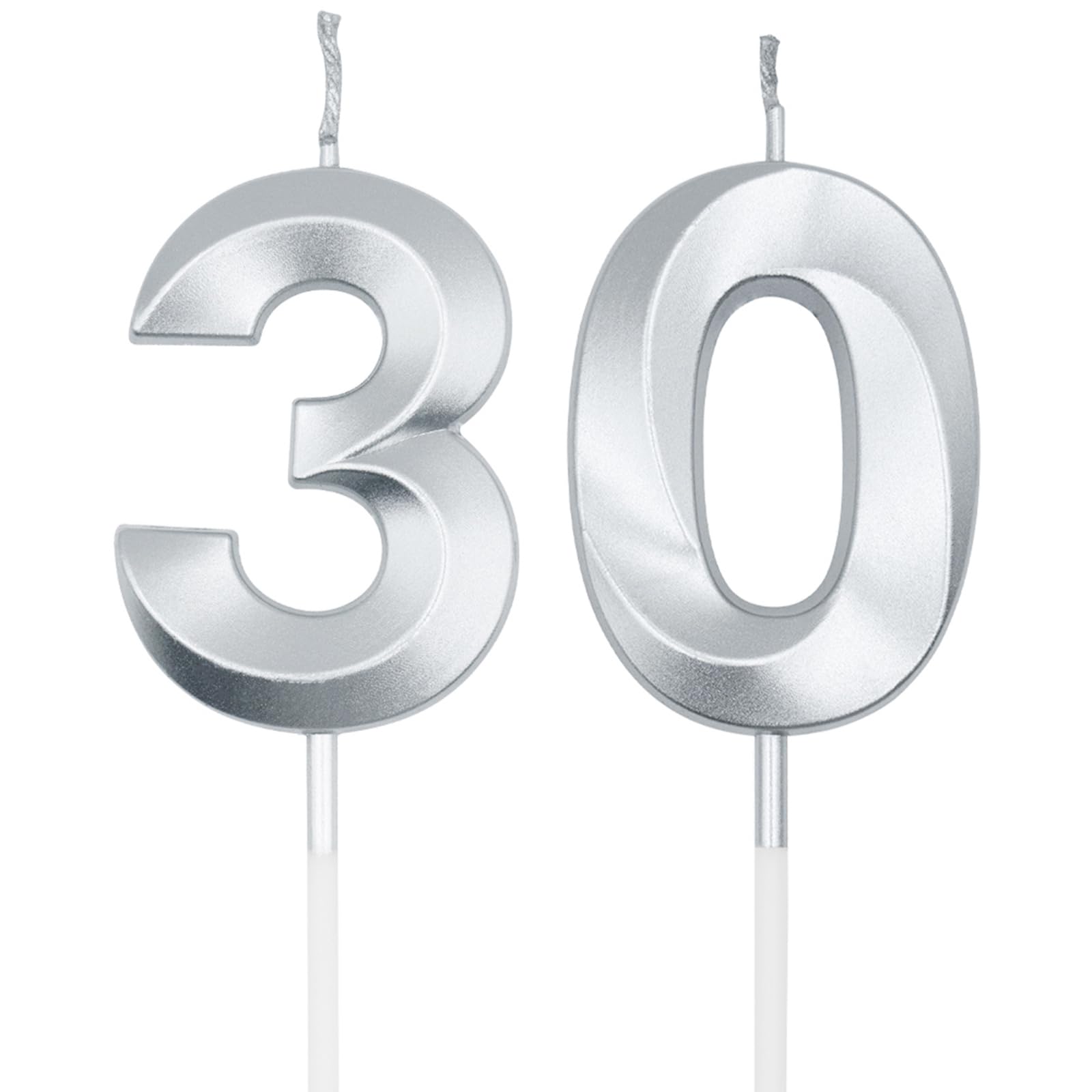 Silver 30th Birthday Candles for Cakes, Number 30 Candle Cake Cupcake Topper for Birthday Anniversary Party Decoration