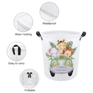 TsyTma Cute Safari Animals Baby Laundry Basket Lion Elephant Giraffe Basket Jungle Nursery Decor Collapsible Laundry Hamper with Handles Small Round Toy Bin baby hamper for nursery Bedroom,Bathroom