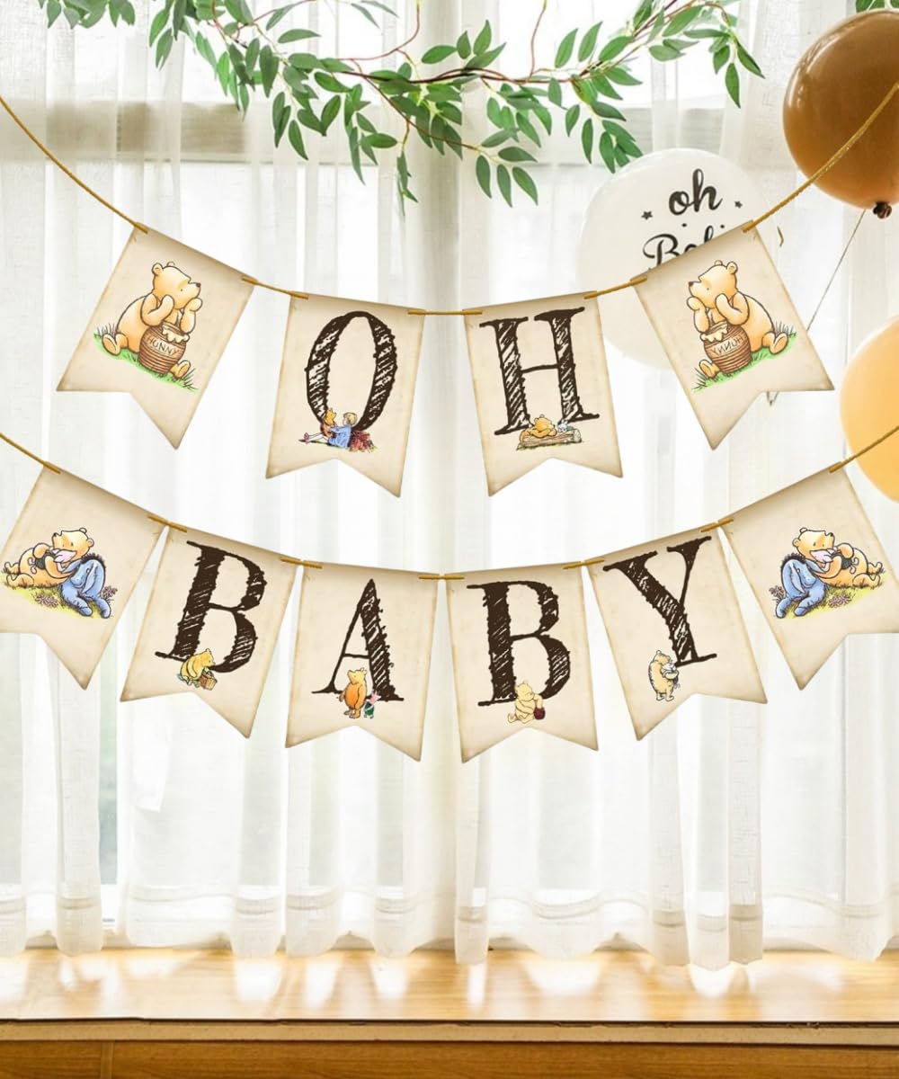 Classic Winnie Oh Baby Banner for Baby Shower Decorations Pooh First Birthday Supplies Bear Banners