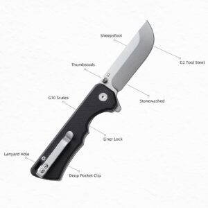 EMHTiii Pocket Folding EDC Knife: 2.95" D2 Steel Stonewashed Blade, G10 Scales, Flipper Liner Lock, Reversible Clip, Great Gifts for Men Women Camping Hiking Outdoor, Black