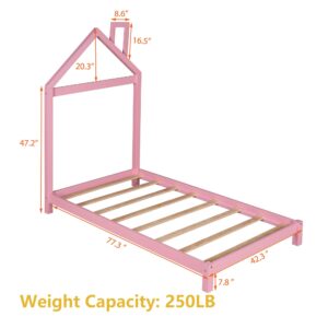 Twin Bed Frame/Kids Bed Frames with Headboard, Girls Bed Twin Size with House Shaped Headboard, Twin Size Bed for Kids, Twin Bed Frame Pink