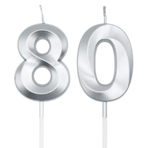 silver 80th birthday candles for cakes, number 80 candle cake cupcake topper for birthday anniversary party decoration