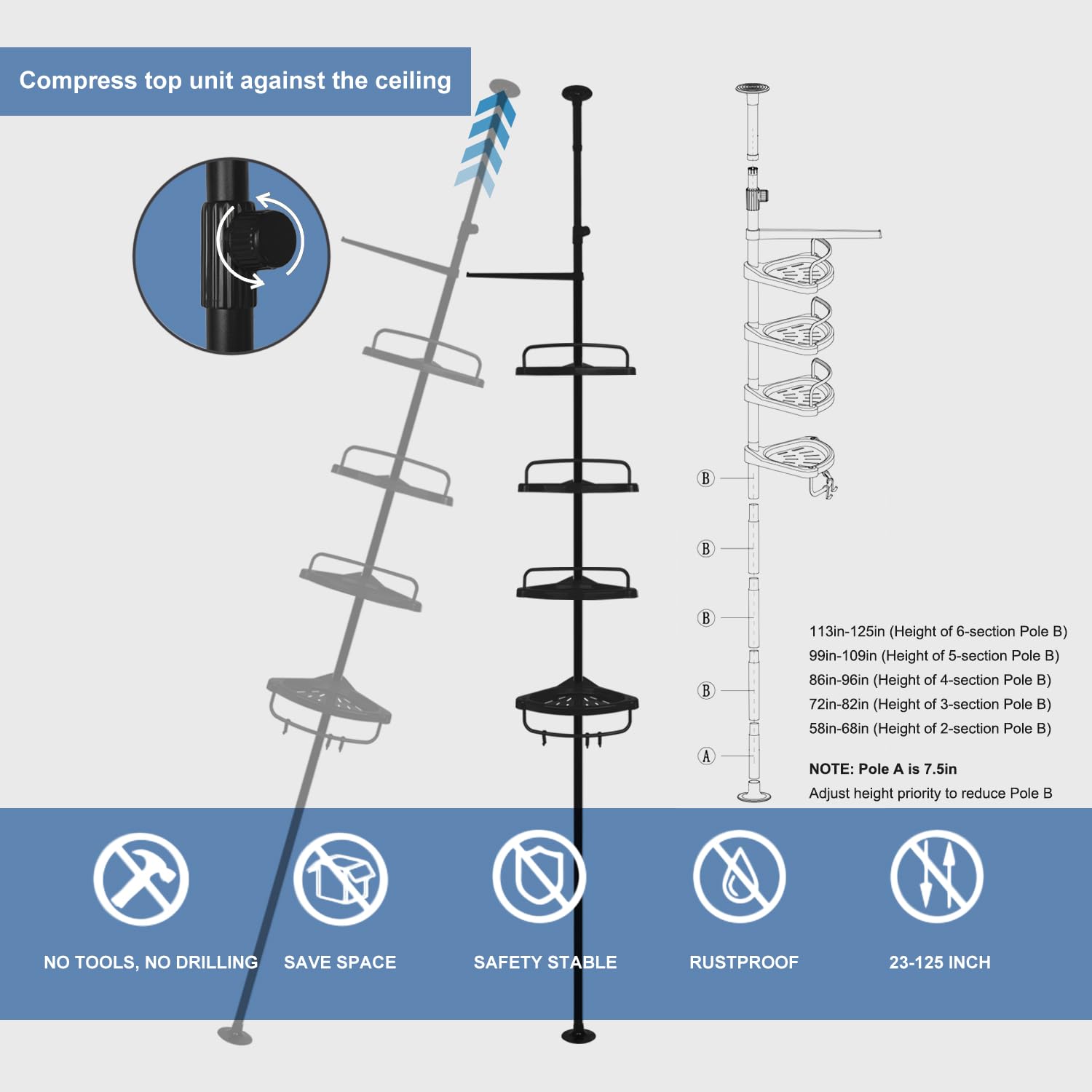 Tacomany Constant Tension Corner Shower Caddy, Commecial Grade SUS304 Pole + FRPP Tray