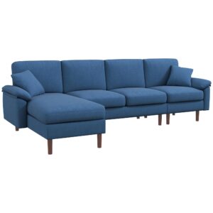 homcom fabric sectional couch with reversible sleeper sofa, modern l shaped sectional sofa with pillows, wooden legs for living room, apartment and office, blue