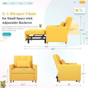 YODOLLA Sleeper Chair, 3 in 1 Chair Bed Sleeper for Adults, Fold Out Sofa Cama with Pillow and Convertible Backrest, Multi-Functional Couch Loveseat Reading Chair for Small Space, Yellow