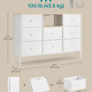 SONGMICS Dresser with Power Outlets and LED Lights, Fabric Chest of Drawers, 25 Colors, 8 Drawers, TV Stand for up to 60 Inch TVs, 11.8 x 47.2 x 31.3 Inches, Cloud White and Oak Beige ULTS518W01