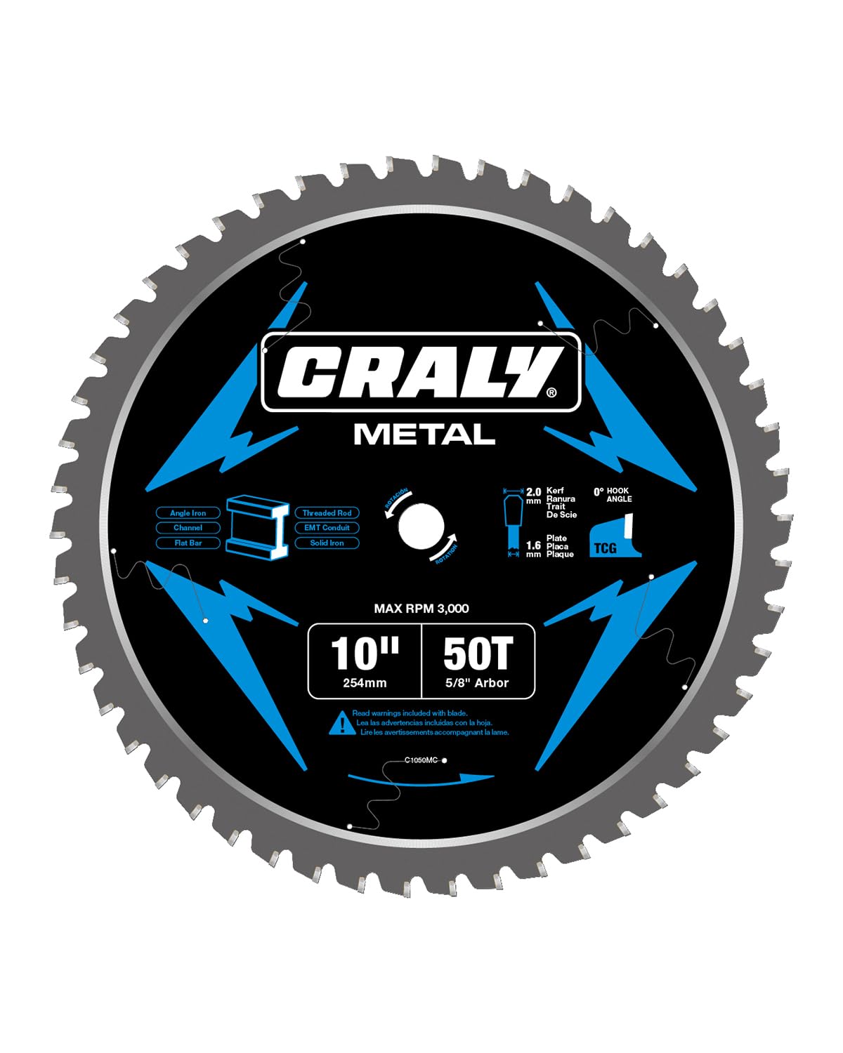 CRALY 10 Inch 50 Teeth Steel and Ferrous Metal Cutting Circular Saw Blade, 5/8 Inch Arbor, Thin Kerf, Professional Carbide Tipped Blade for Angle Iron, Threaded Rod, EMT Conduit(C1050MC)