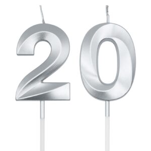 silver 20th birthday candles for cakes, number 20 candle cake cupcake topper for birthday anniversary party decoration