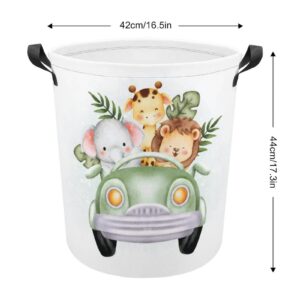 TsyTma Cute Safari Animals Baby Laundry Basket Lion Elephant Giraffe Basket Jungle Nursery Decor Collapsible Laundry Hamper with Handles Small Round Toy Bin baby hamper for nursery Bedroom,Bathroom