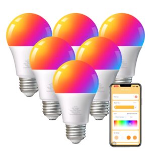 tjoy 6 pack smart light bulbs, bluetooth wifi led bulb work with alexa&google assistant, rgb color changing bulbs, music sync, 9w(60w equivalent), a19 e26 800lm, 2.4ghz wifi only