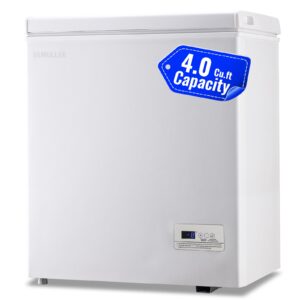 demuller 4.0 cu.ft chest freezer with electronic panel, accurate temperature display to 1 ℉, deep freezers with 2 removable baskets, compact size small freezer for any space white