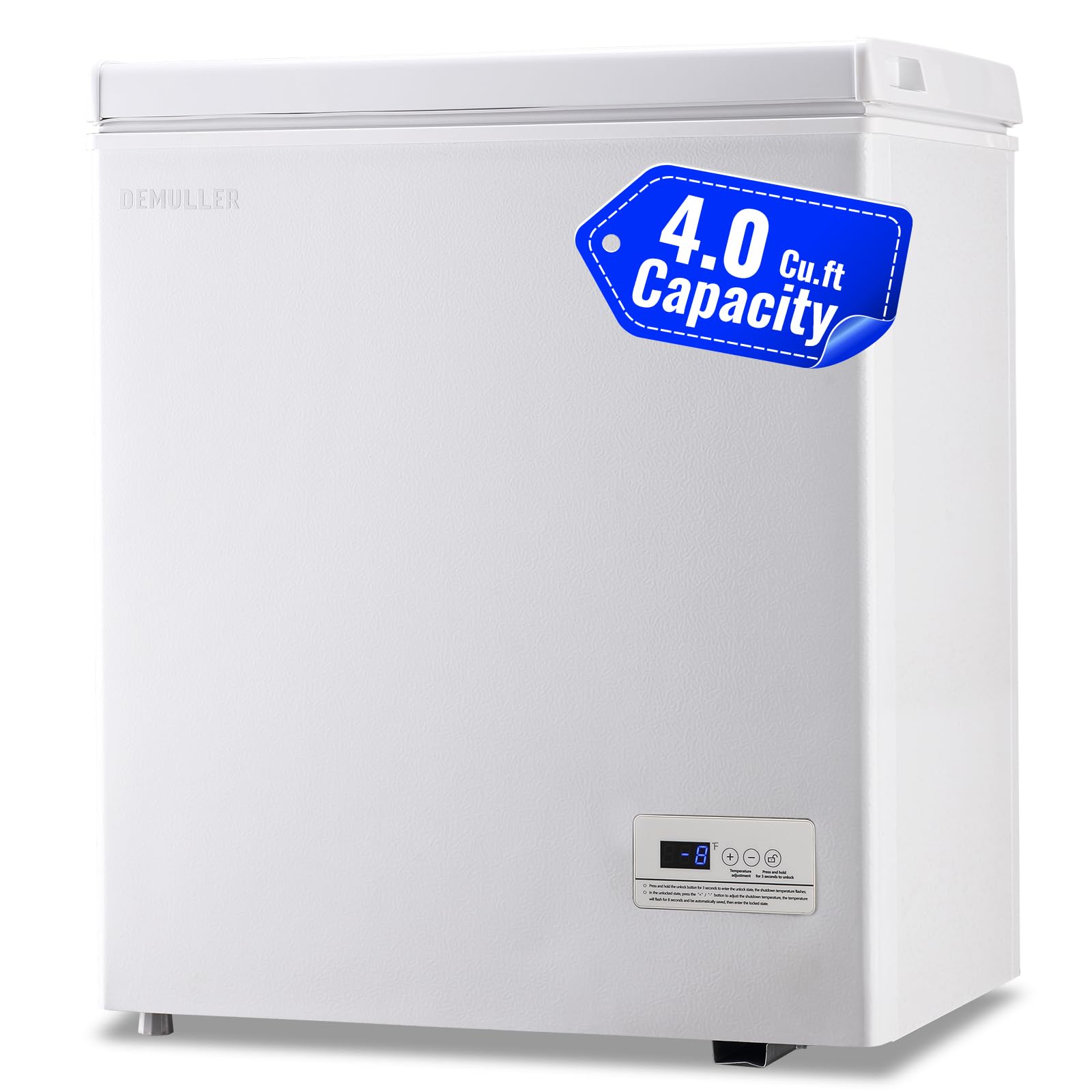 DEMULLER 4.0 Cu.ft Chest Freezer with Electronic Panel, Accurate Temperature Display to 1 ℉, Deep Freezers with 2 Removable Baskets, Compact Size Small Freezer for Any Space White