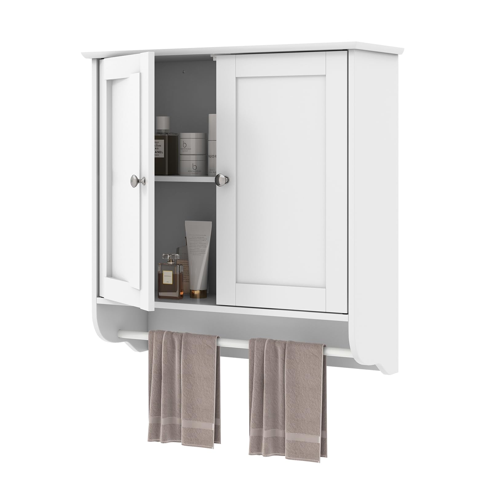 COSTWAY Bathroom Cabinet Wall Mounted, Over The Toilet Storage Cabinet with Towel Bar, 2 Doors and Adjustable Shelf, Space-Saving Wall Cabinet Medicine Cabinet for Bathroom Kitchen (White)