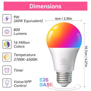 TJOY 6 Pack Smart Light Bulbs, Bluetooth WiFi Led Bulb Work with Alexa&Google Assistant, RGB Color Changing Bulbs, Music Sync, 9W(60W Equivalent), A19 E26 800LM, 2.4Ghz WiFi only