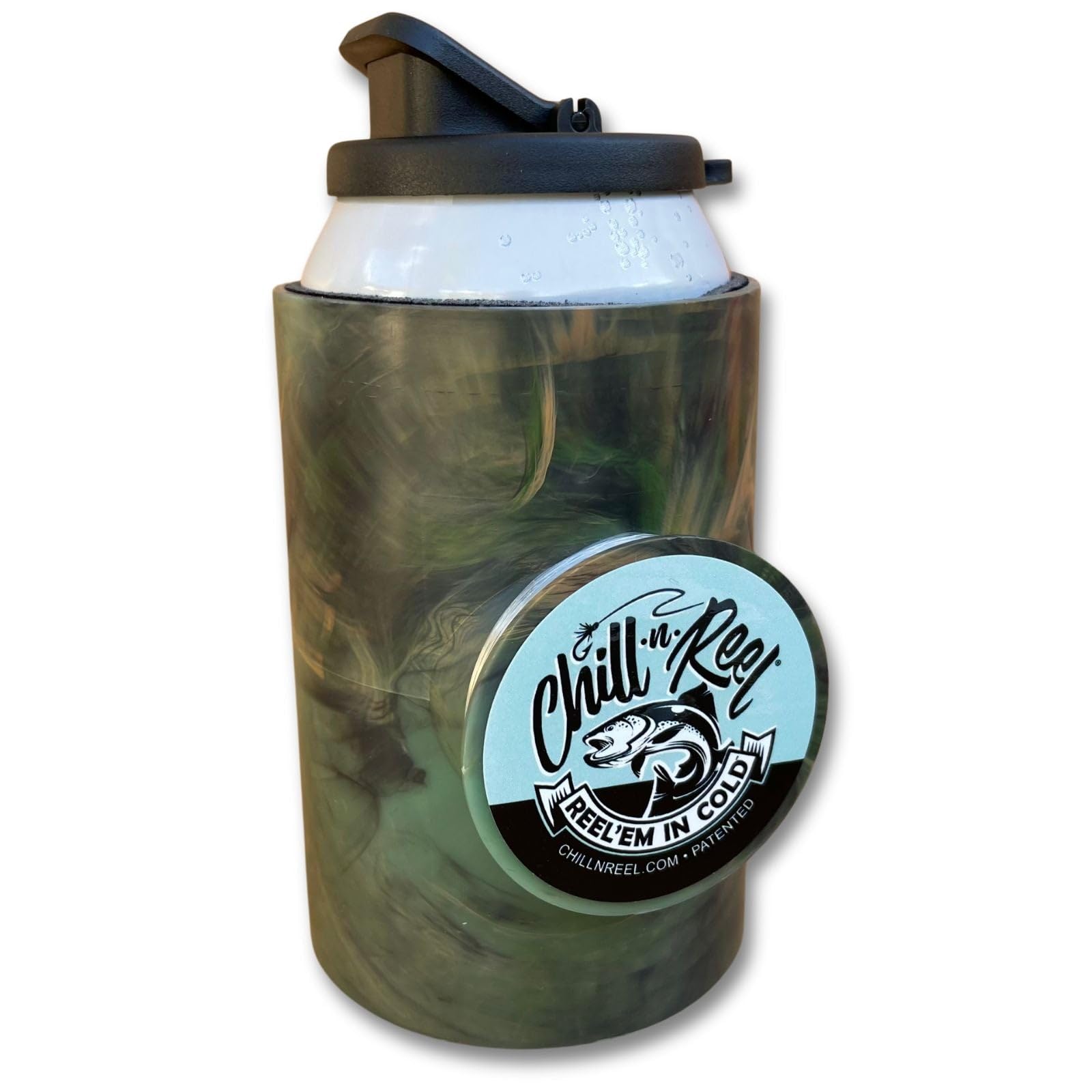 Chill-N-Reel Fishing Can Cooler (from Shark Tank) | Hard Shell Drink Holder with Hand Line Reel Attached | Fits Any Standard Insulator Sleeve or Coozie | Unique Fun Fishing Gift (Camo & Spill Guard)