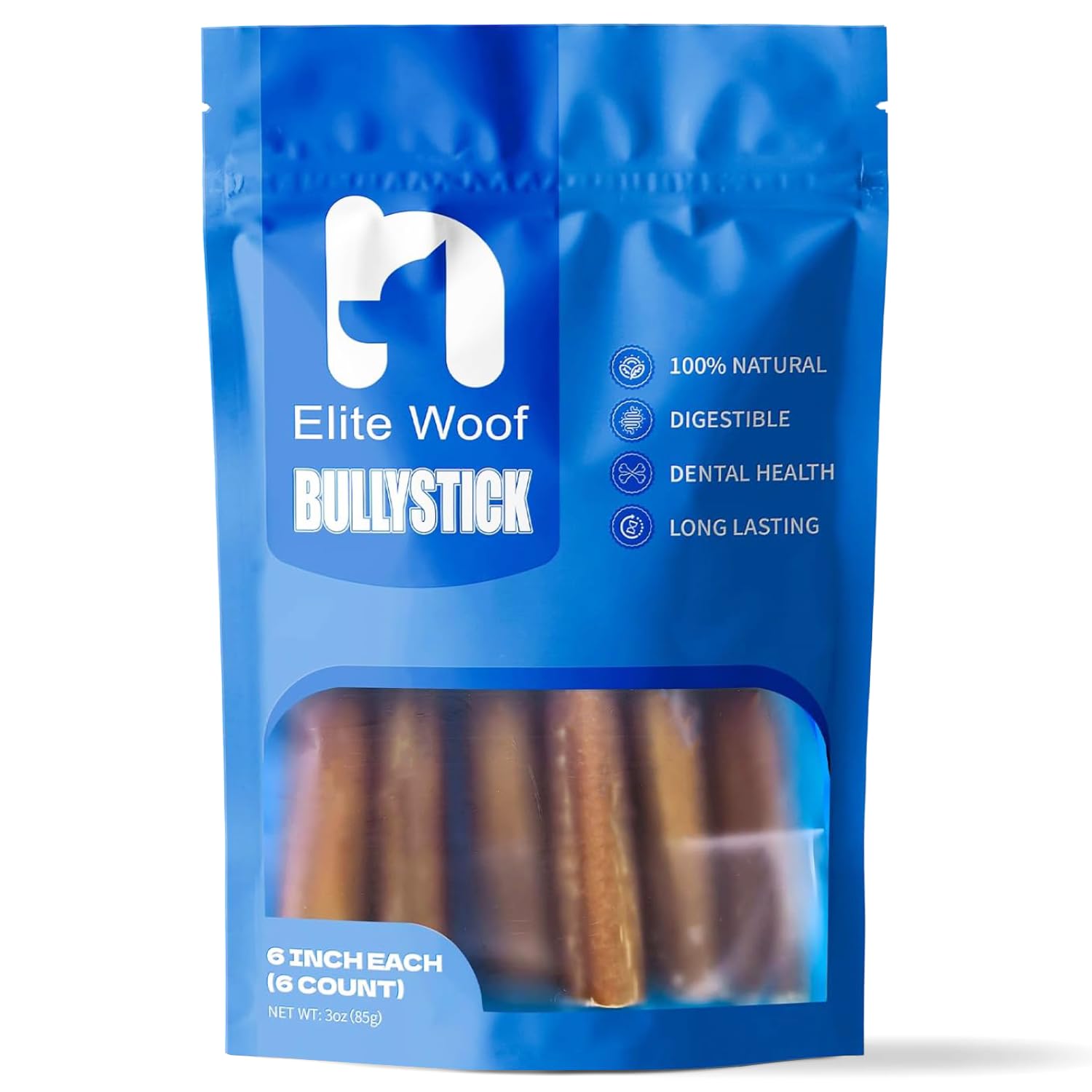 Elite Woof Bully Sticks for Dogs Puppies - 6 Inch Standard 100% Natural Dog Treats, Grass-fed Beef Dog Chews, Grain-Free, High Protein, Long-Lasting Pet Food for All Dog Breeds (6 Pack)