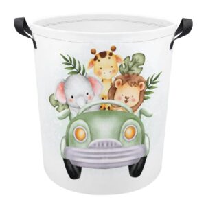 tsytma cute safari animals baby laundry basket lion elephant giraffe basket jungle nursery decor collapsible laundry hamper with handles small round toy bin baby hamper for nursery bedroom,bathroom