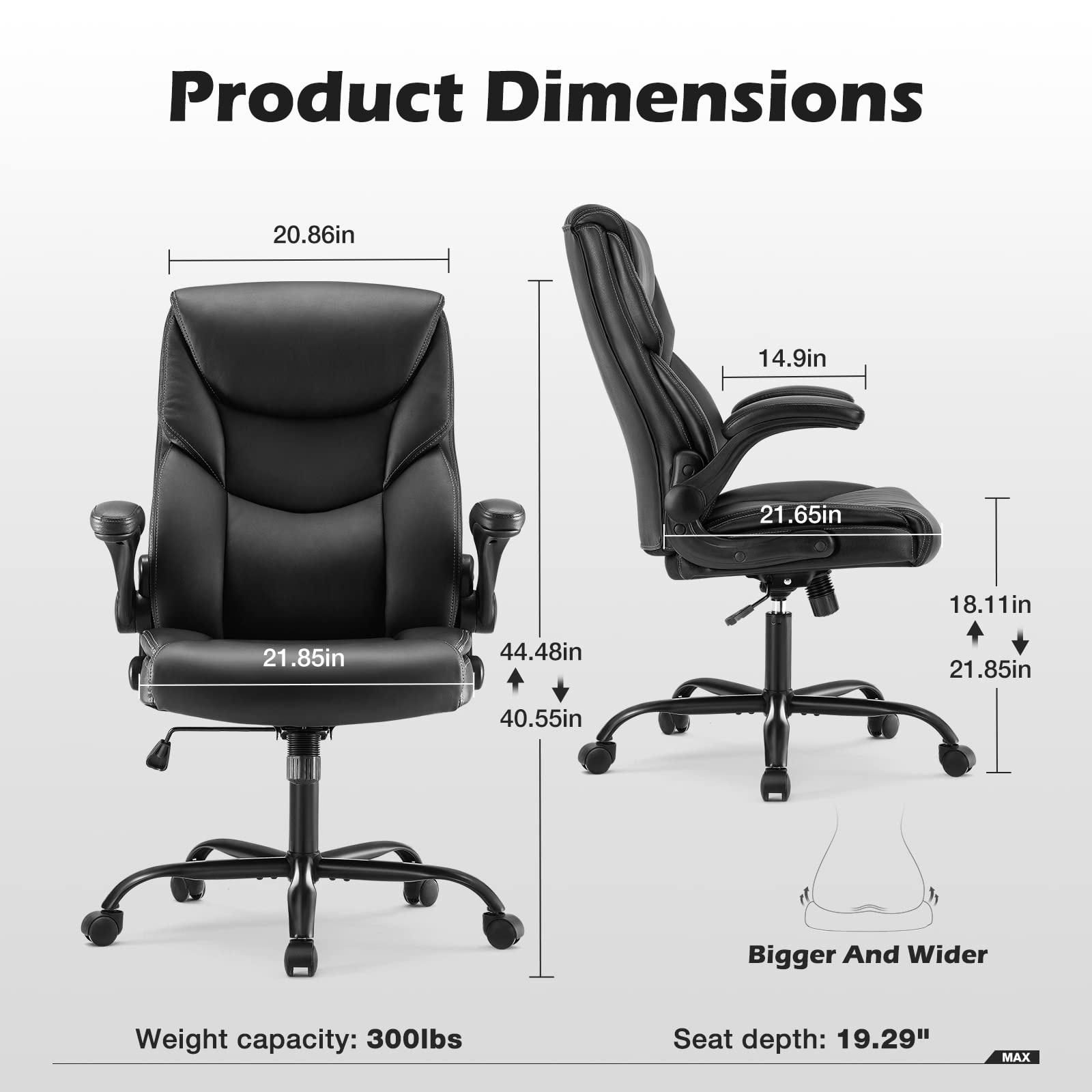 Office Chair - Ergonomic Executive Computer Desk Chairs with Adjustable Flip-up Armrest, Swivel Task Chair with Lumbar Support, Strong Metal Base, PU Leather, Black