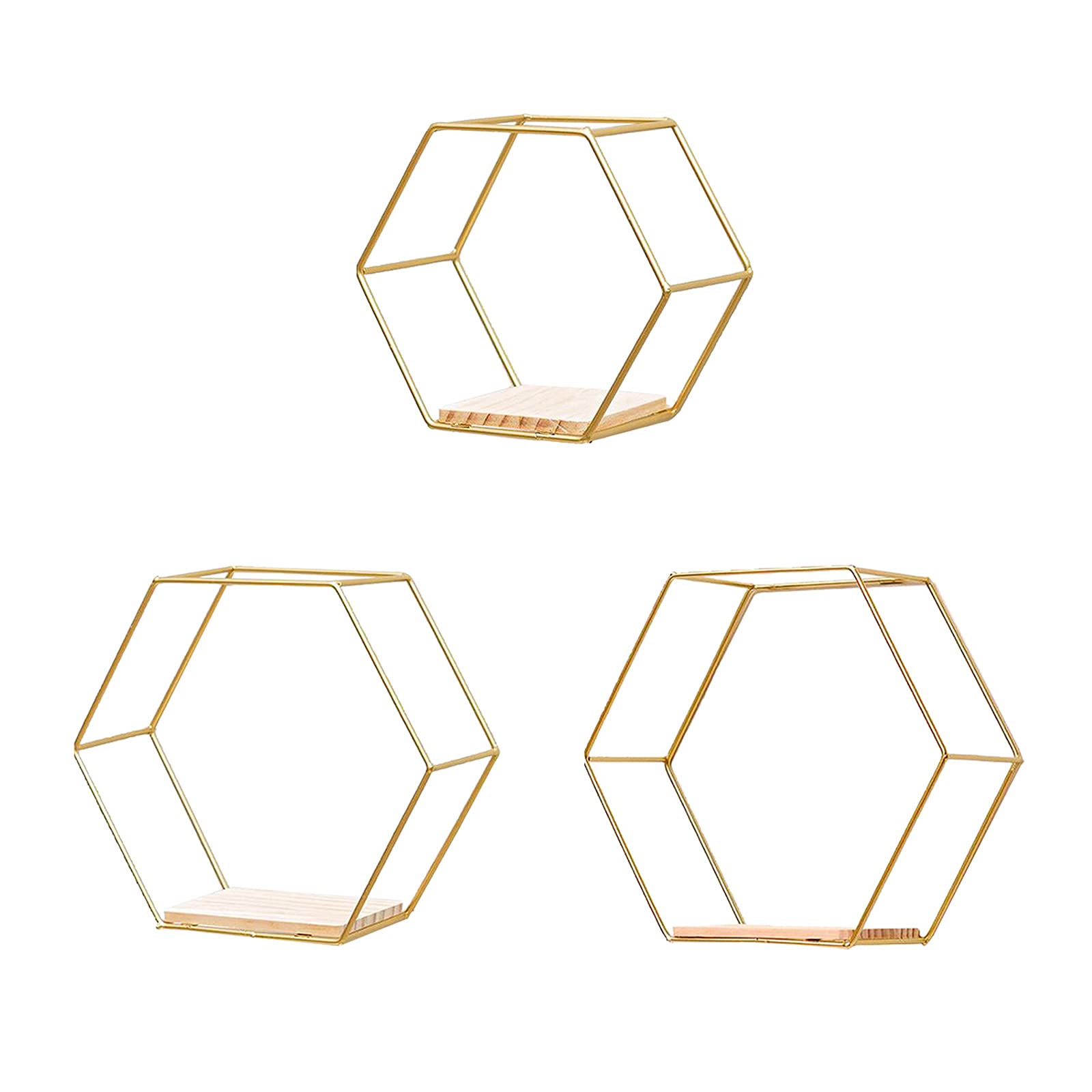 Mnaocz 3Pcs Hexagon Floating Shelves, Hexagon Shaped Floating Wall Shelves for Bedroom, Metal Wire and Rustic Wood Wall Storage Shelves for Home Decor(#1)