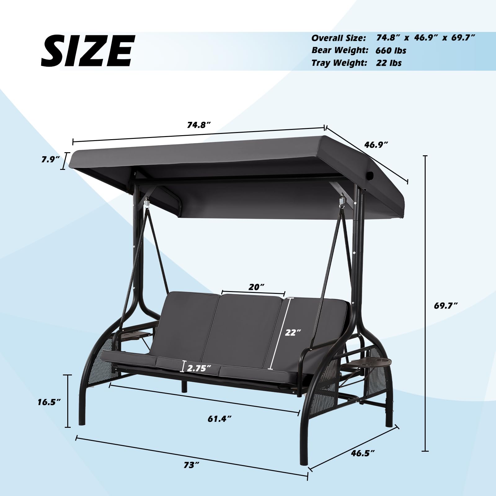 GIODIR 3-Seat Outdoor Porch Swing with Adjustable Canopy and Backrest, Porch Swing Chair with Stand, Patio Swing for Garden, Backyard, Balcony, Poolside (Gray)