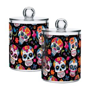 day of the dead skull flowers qtip holder 2packs cotton ball holder bathroom organizer dispenser plastic jar apothecary jars with lids for vanity floss cotton pad swab room home decor