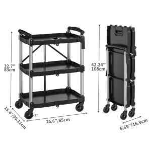 YITAHOME Folding Utility Service Cart, 240LBS 3 Tier Foldable Cart with Wheels Collapsible Cart on Wheels with 360°Swivel Wheels (2 with Brakes), Portable Cart for Home Garage Restaurant Office