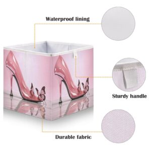 Haskirky Pink High Heels Foldable Collapsible Storage Box Bins,11x11x11 Inch Cubes Baskets Fabric Storage Bins with Handles for Shelves Nursery Closet Home Decor