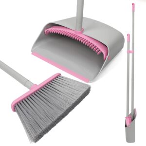 pink broom with dustpan combo set，52" brooms for sweeping indoor broom and dustpan set for home kitchen office lobby floor standing dust pan