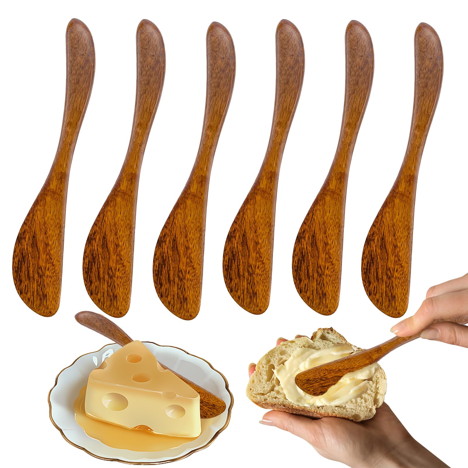 Thinslimer 6 Pack Wooden Cheese Butter Knife Spreaders with Wooden Handles for Spreading Sandwiches Cake Edge Spatula Cooking Baking Mixing Tool for Toast Bread Butter Sauce Jam