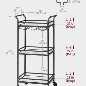 VASAGLE Bar Cart, Home Bar Serving Cart, Small Bar Cart with 3-Tier Shelf, Wine Holders, Glass Holders, Mini Bar Cart for Small Spaces, Kitchen, Dining Room, Living Room, Ink Black