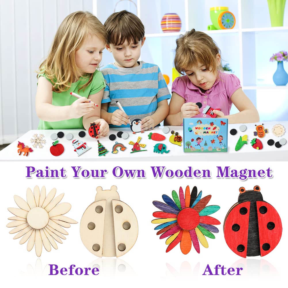 Worgree DIY Wooden Magnets, 36 pcs Wooden Art Craft Supplies Painting Kit for Kids Party Favors for Boys Girls Ages 4-8 8-12 Birthday Easter Crafts Gifts Toys Basket Goodie Bag Stuffers