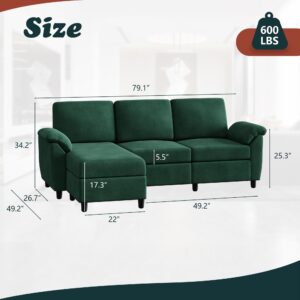 Vongrasig 79" Convertible Sectional Sofa Couch, 3 Seat L Shaped Sofa with Removable Pillows Linen Fabric Small Couch Mid Century for Living Room, Apartment and Office, Green