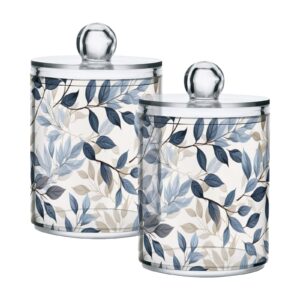 blue gray leaves qtip holder 2packs apothecary jars with lids cotton ball holder bathroom organizer dispenser plastic jar for floss vanity cotton pad swab room home decor