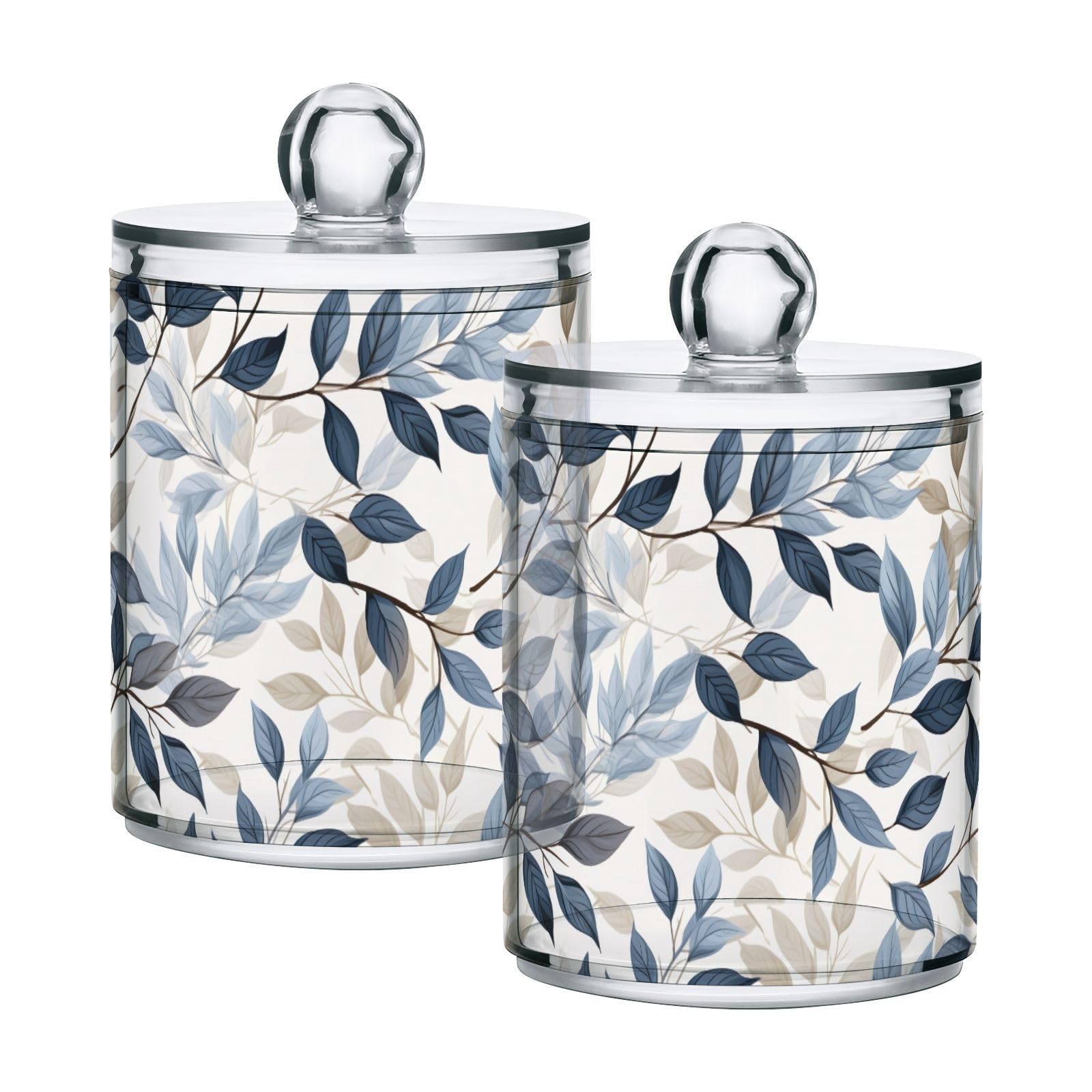 Blue Gray Leaves Qtip Holder 2Packs Apothecary Jars with Lids Cotton Ball Holder Bathroom Organizer Dispenser Plastic Jar for Floss Vanity Cotton Pad Swab Room Home Decor