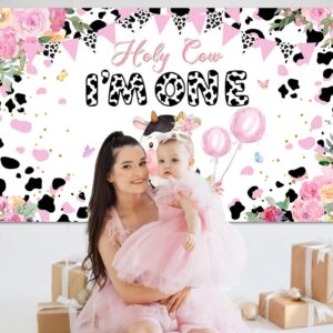 Avezano Holy Cow I'm One 1st Birthday Backdrop for Girls Pink Pink Flower Milk Cows 1st Birthday Party Decorations Holy Cow I'm One Banner Large 70.8 x 43.3 Inch