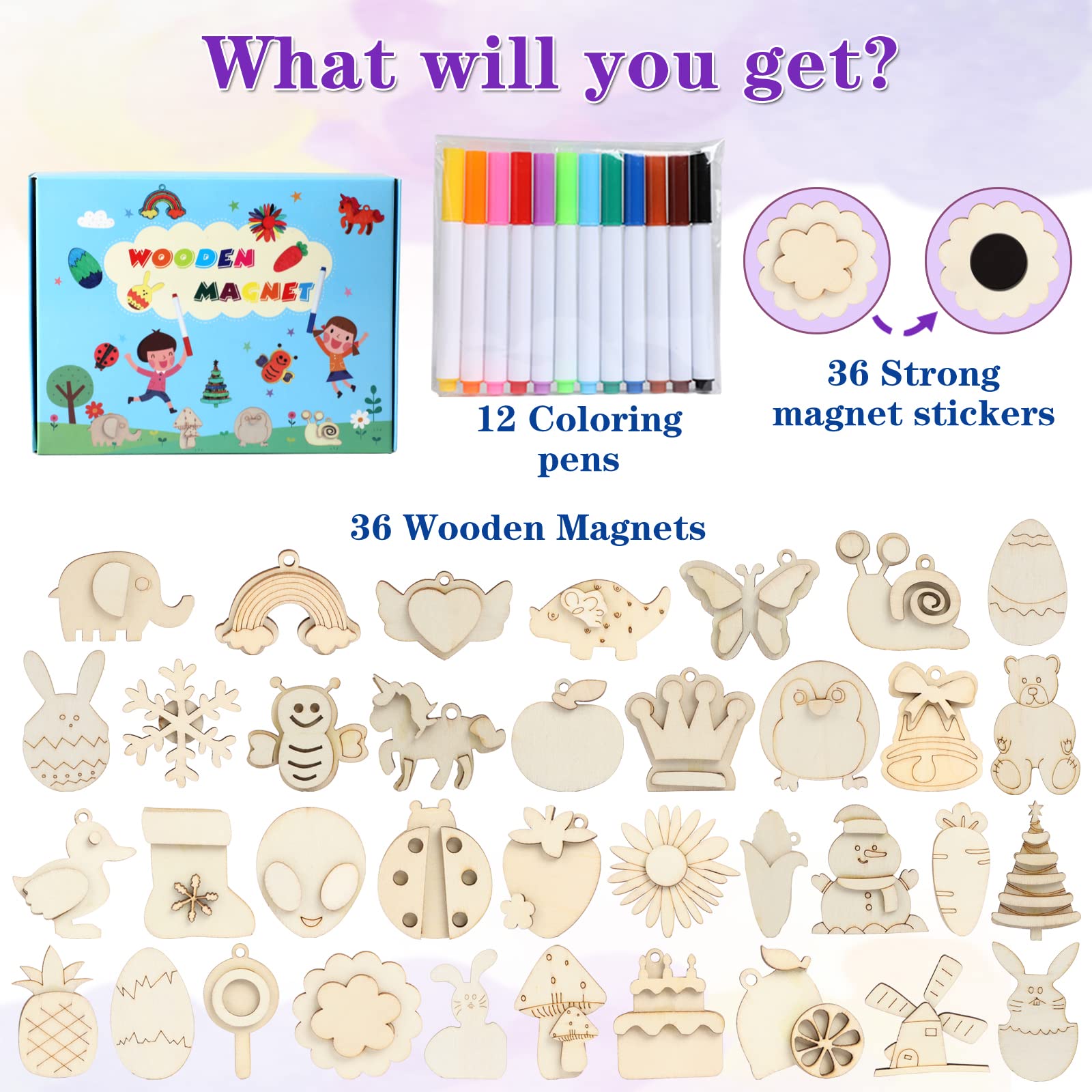 Worgree DIY Wooden Magnets, 36 pcs Wooden Art Craft Supplies Painting Kit for Kids Party Favors for Boys Girls Ages 4-8 8-12 Birthday Easter Crafts Gifts Toys Basket Goodie Bag Stuffers