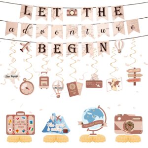 let the adventure begin decorations travel themed party banner sign hanging swirls honeycomb centerpieces for travel birthday graduation retirement farewell going away bachelorette party supplies