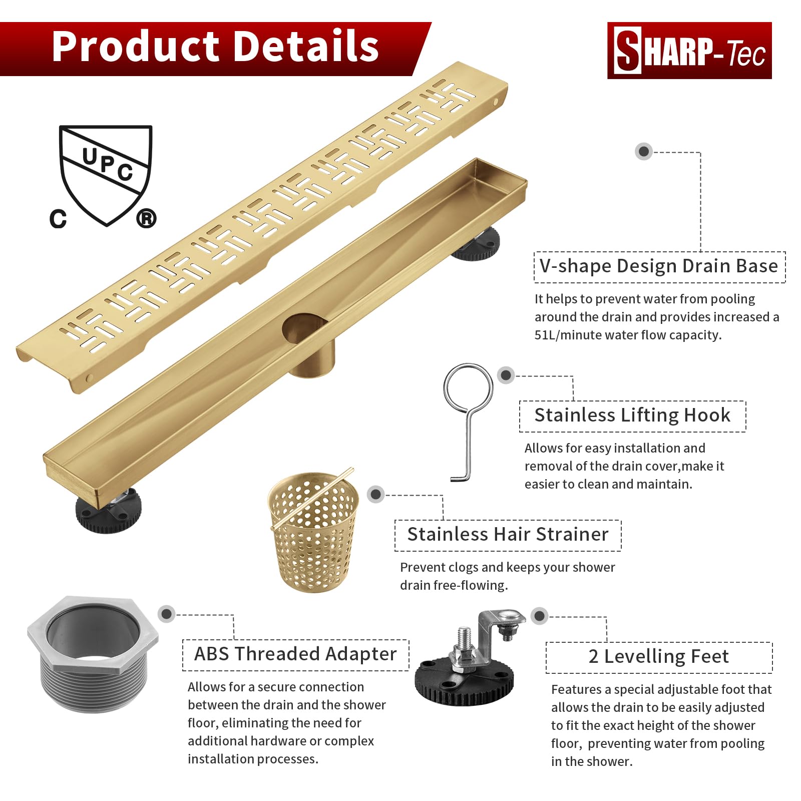 Sharp-tec Shower Drain, 32 inch Linear Shower Drain, Brushed 304 Stainless Steel Rectangular Shower Floor Drain with Adjustable Leveling Feet, Hair Strainer, cUPC Certified, ST-092-32G