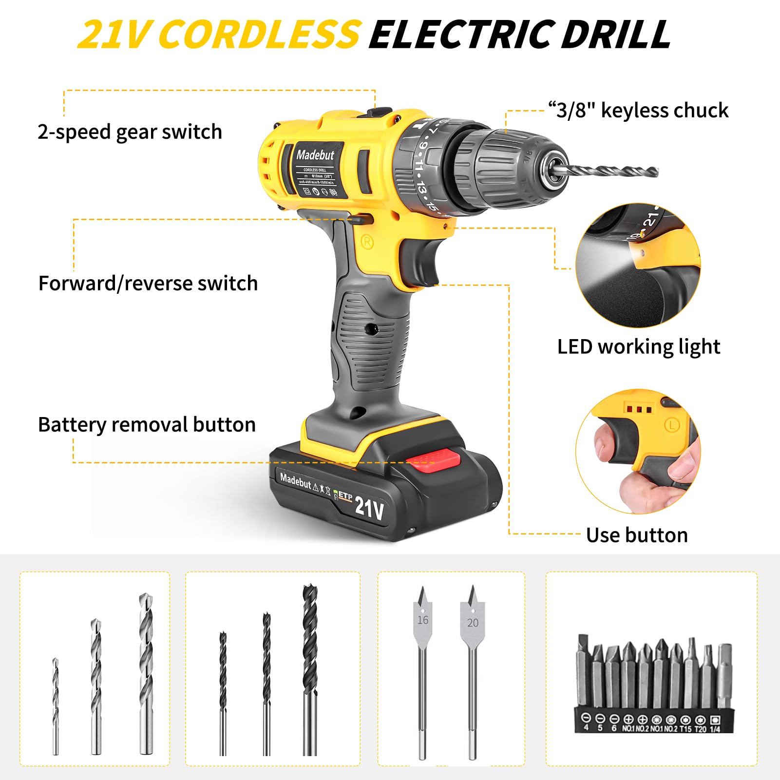 118 Pcs Electric Drill Cordless, 21V Cordless Drill Set with 2 Batteries, 2-speed Drill Kit with Led Light, Home Tool Kit with Impact Driver, Tool Kit for Home, DIY Power Drill with Tools for Men