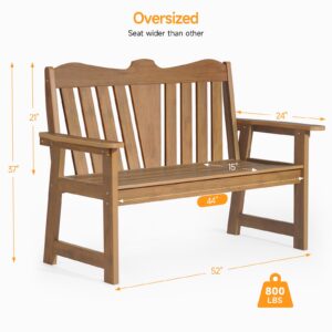 ONBRILL Outdoor Bench, 2-Person Weatherproof Garden Bench with Wide Armrests and Backrest, All-Weather Patio Bench Will not Rot and Fade for Garden, Porch, Backyard and Park, Easy Installation, Teak