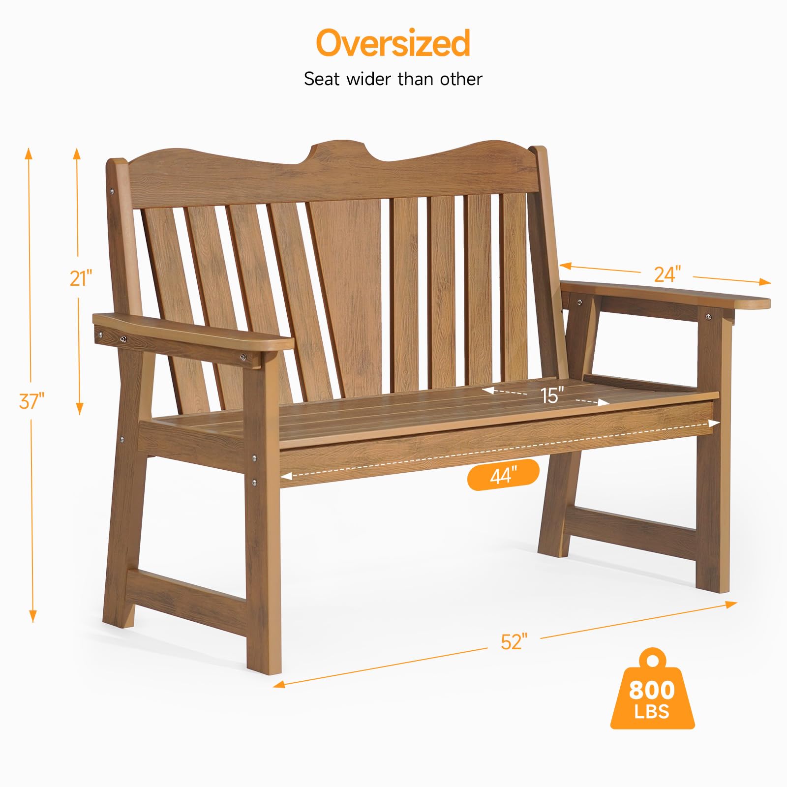 ONBRILL Outdoor Bench, 2-Person Weatherproof Garden Bench with Wide Armrests and Backrest, All-Weather Patio Bench Will not Rot and Fade for Garden, Porch, Backyard and Park, Easy Installation, Teak