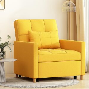 YODOLLA Sleeper Chair, 3 in 1 Chair Bed Sleeper for Adults, Fold Out Sofa Cama with Pillow and Convertible Backrest, Multi-Functional Couch Loveseat Reading Chair for Small Space, Yellow