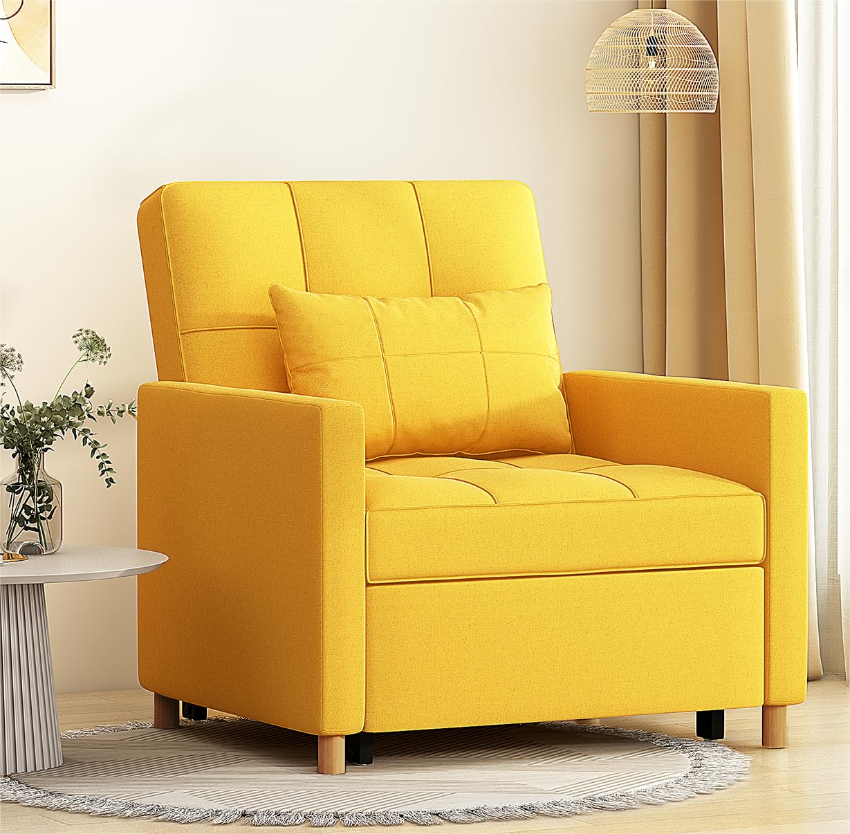 YODOLLA Sleeper Chair, 3 in 1 Chair Bed Sleeper for Adults, Fold Out Sofa Cama with Pillow and Convertible Backrest, Multi-Functional Couch Loveseat Reading Chair for Small Space, Yellow