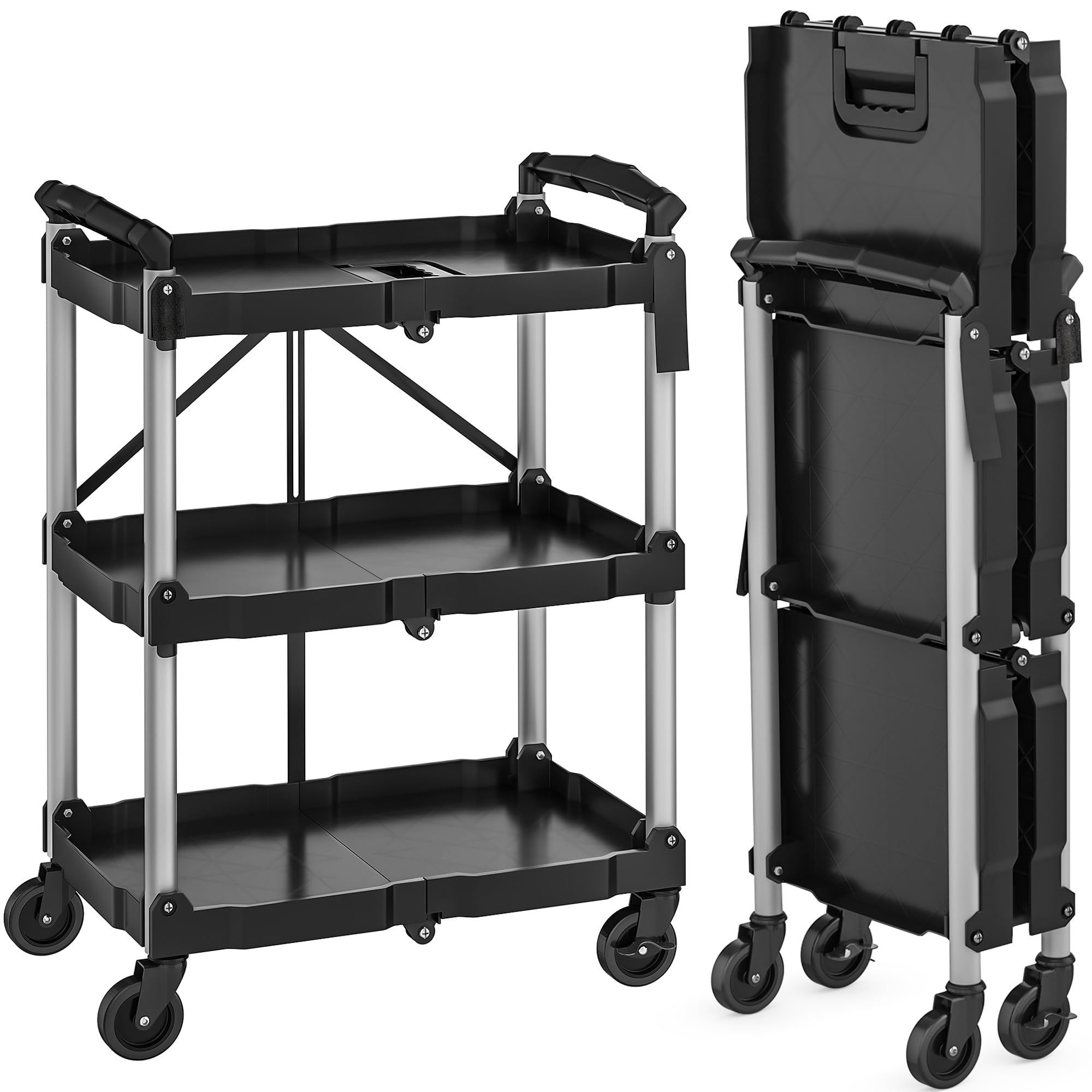 YITAHOME Folding Utility Service Cart, 240LBS 3 Tier Foldable Cart with Wheels Collapsible Cart on Wheels with 360°Swivel Wheels (2 with Brakes), Portable Cart for Home Garage Restaurant Office