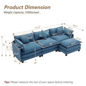 mikibama Modular Sectional Sofa, 112" L Shaped Sofa Set for Living Room, 3-Seater Comfy Upholstered Cloud Couches with Movable Ottoman, 5 Pillows, DIY Combination, Chenille, Blue