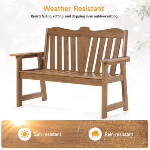 ONBRILL Outdoor Bench, 2-Person Weatherproof Garden Bench with Wide Armrests and Backrest, All-Weather Patio Bench Will not Rot and Fade for Garden, Porch, Backyard and Park, Easy Installation, Teak