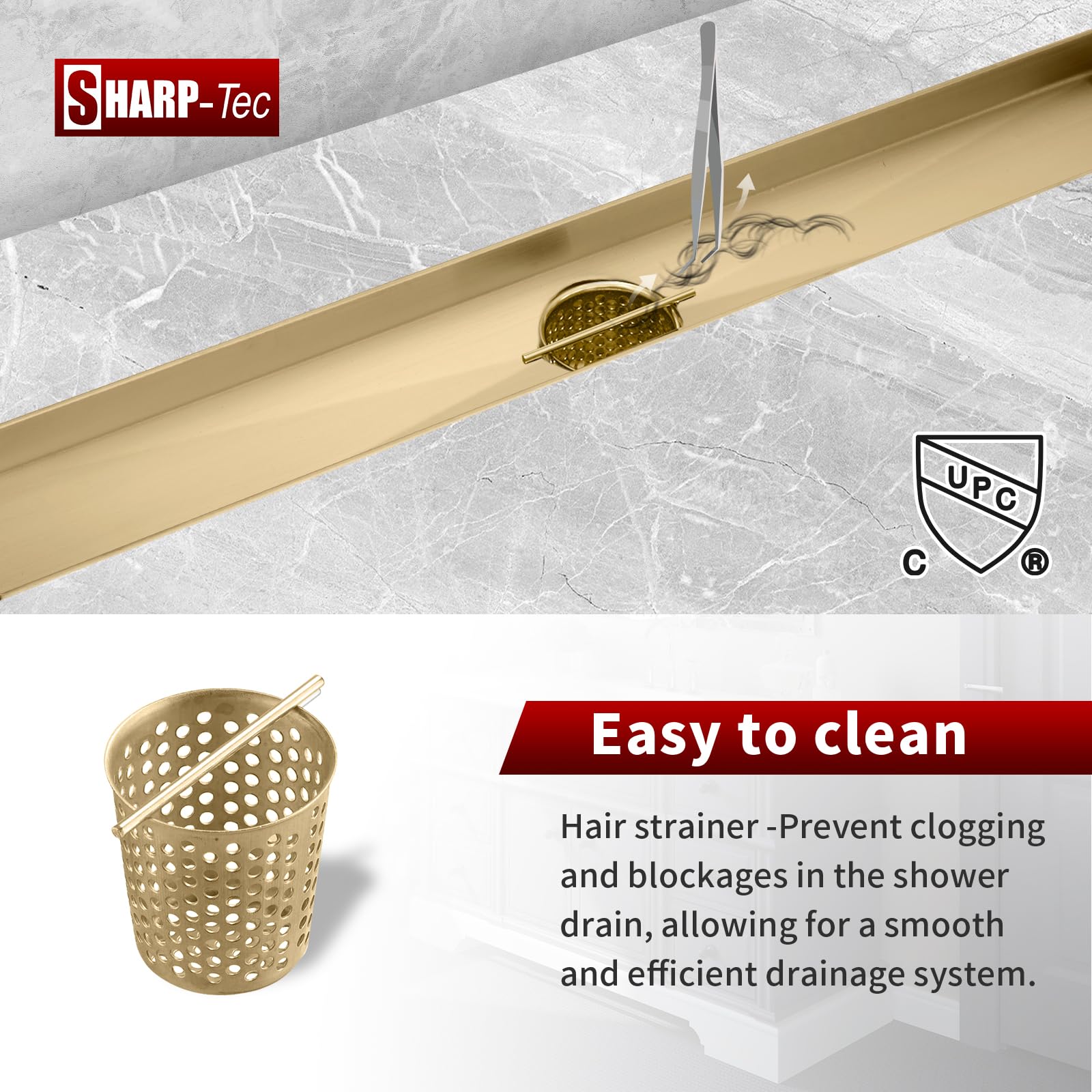 Sharp-tec Shower Drain, 32 inch Linear Shower Drain, Brushed 304 Stainless Steel Rectangular Shower Floor Drain with Adjustable Leveling Feet, Hair Strainer, cUPC Certified, ST-092-32G