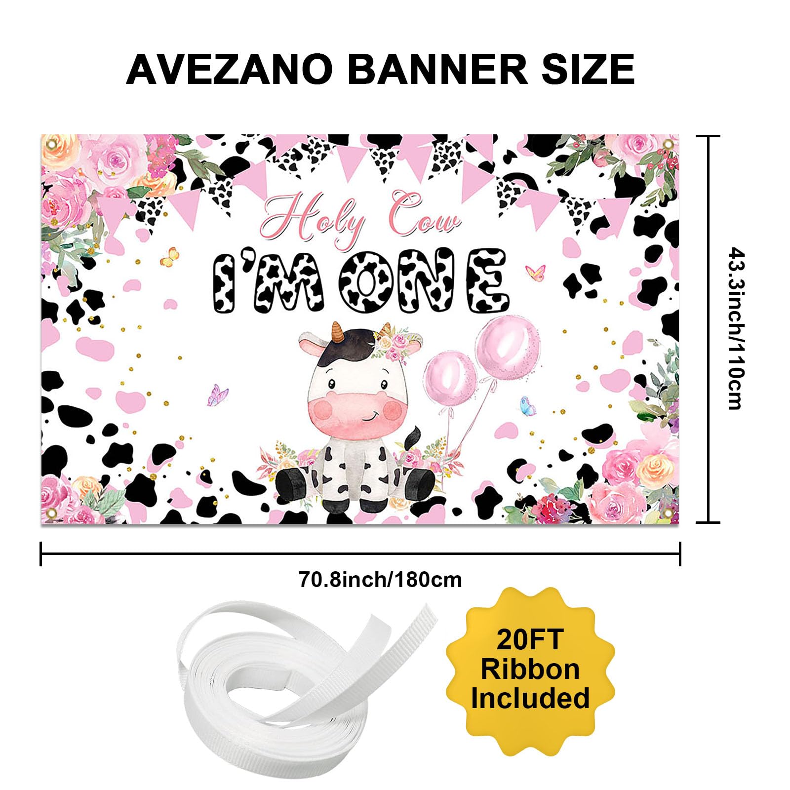 Avezano Holy Cow I'm One 1st Birthday Backdrop for Girls Pink Pink Flower Milk Cows 1st Birthday Party Decorations Holy Cow I'm One Banner Large 70.8 x 43.3 Inch